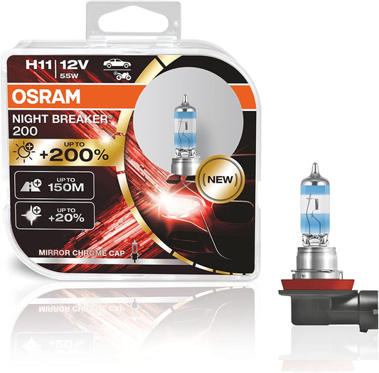 OSRAM NIGHT BREAKER 200، سطوع أعلى بنسبة 200%، مصباح هالوجين أمامي، 64193NB200-HCB، 12 فولت، صندوق Duo (مصباحان)