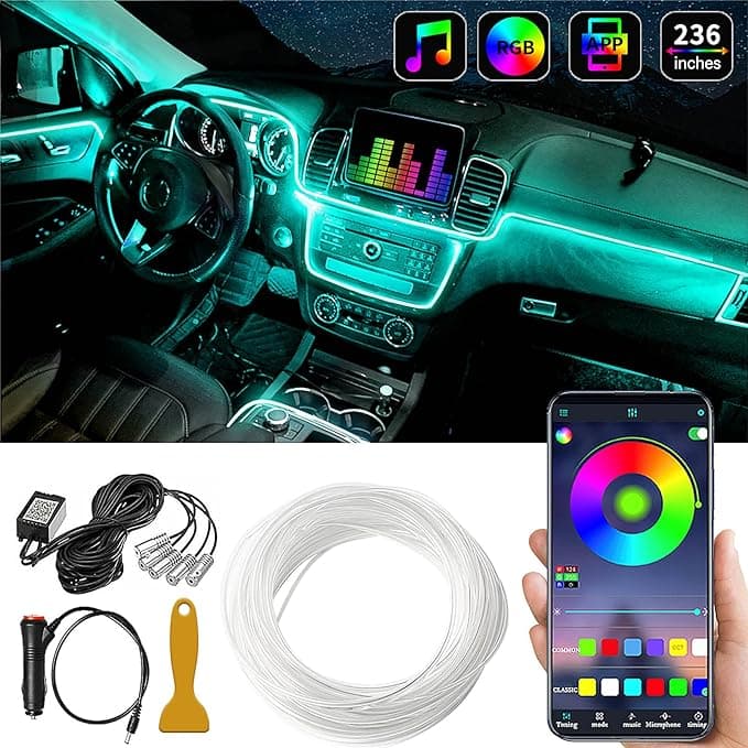 LIGHEID Car LED Interior Strip Lights, Multicolor RGB Ambient Lighting Kits, 16 Million Colors 5 in 1 with 236 inches Fiber Optic, Sound Active Function and Wireless Bluetooth APP Control After-Market